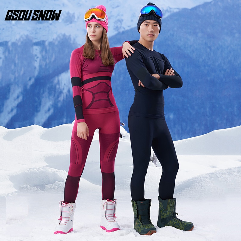 GSOU-스노우 브랜드 스키 속옷, 여성/남성 롱 존스 스키복, 빠른 건조 스키 재킷 바지, 통기성 보온 겨울 야외 코트